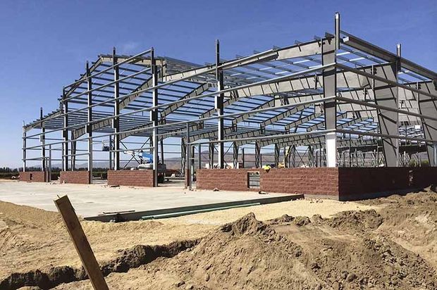 Metal building construction in progress